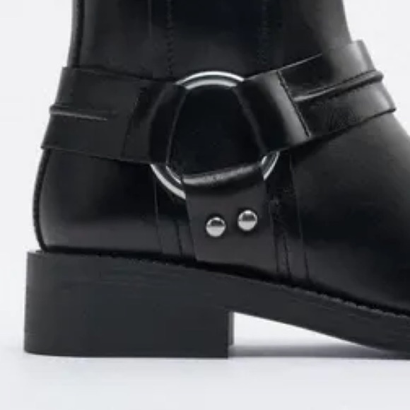 NWT. Zara Black Leather Flat Biker Boots. Size 8. - Picture 4 of 8